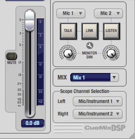 Control room Talkback mic engaged. To completely silence all other CueMix audio, turn them all the way down. Attenuation only occurs when talkback or listenback is engaged.