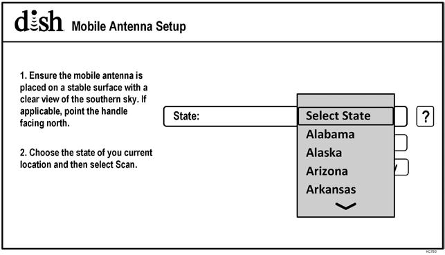 2. After pairing your remote, the Mobile Antenna Setup screen will appear. Press Select on your remote to open the state selection menu.