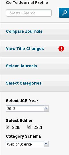 JOURNAL CITATION REPORTS JOURNAL BY RANK filtering Many filtering options (Journal Profile, Journals, Categories, JCR
