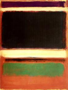 Slika 7: Mark Rothko: Črna in zelena na oranžni, 1949, olje na platno Tako je ta način likovnega izražanja prinašal s svojo svobodno kompozicijsko tehniko in spontano uporabo kretenj-potez pri