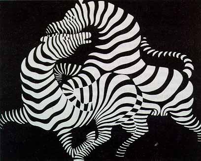 Slika 9: Victor Vasarely: Zebra, 1937, tempera na lesu. Obstaja več različic, originali so redki, reprodukcij pa je veliko.