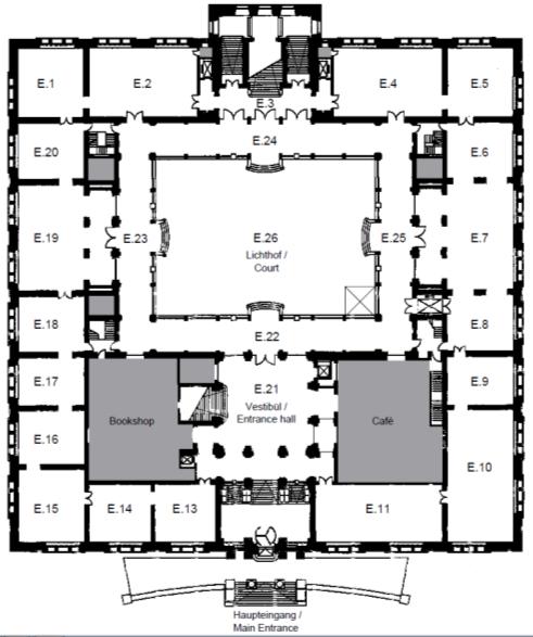 Ground Floor Atrium (E 26) The atrium on the ground floor with its glass ceiling is the central space of the Martin-Gropius-Bau and with a surface area of 600 m² in the inner area and 540 m² in the