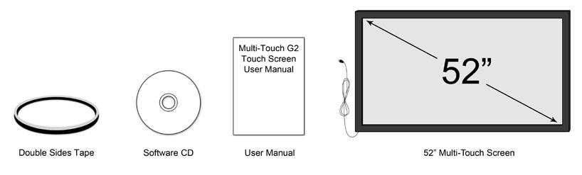 Setup and Usage 1. The package includes PQ Labs Multi-Touch G2 Overlay, Double-sided Tape, User Manual, and a Software CD. 2.