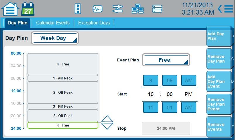 Home > Scheduler Day Plan This Day Plan screen is one of three screens that you use to schedule the times during a day to enable Event Plans.