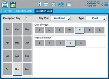 Home > Scheduler Exception Days This Exception Days screen is one of three screens that you use to schedule the times during a day to enable Event Plans.