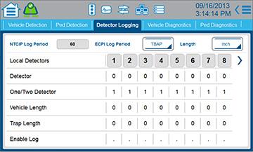 Home > Detection Detector Logging Use this display to view or edit the NTCIP and ECPI Log Period settings and, with horizontal scrolling, view or edit the settings for five different parameters on 16