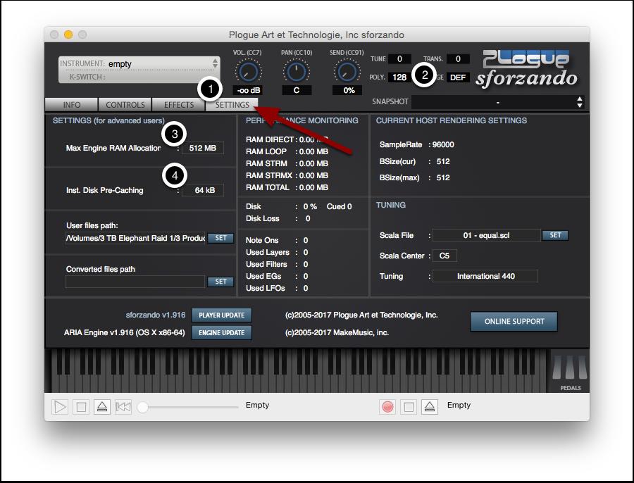Recommended Plogue sforzando Settings Before Loading Note: These recommended settings are only needed for loading from the INSTRUMENT menu.