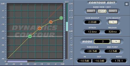 Contour Edit Screen Contour Edit screen Note: The Dynamics Contour Edit screen is accessed by double-clicking on any of the three bands found at the bottom of the main Final Mix screen.