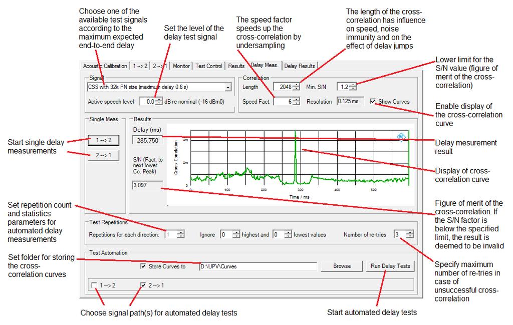 Fig. 2-34: Controls of the delay measurement tab Delay Measurements can be performed on a pseudo-random noise signal by cross correlation.