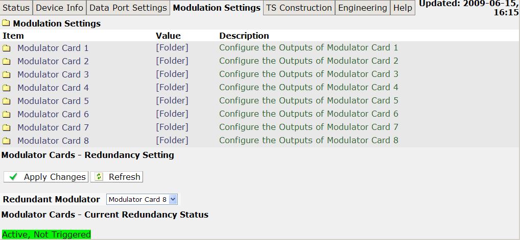 11 Modulator Tabbed Web Page Note: The modulator parameters that can be set are dependent on the selected modulation mode.