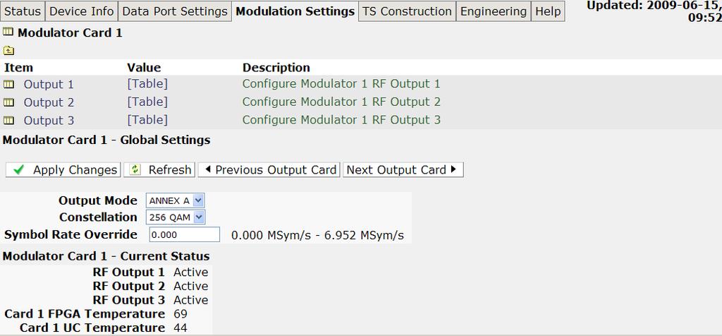 Operating the EQ8096 Using the Web Browser Figure 3.12 Modulator Card Web Page (Similar for cards 2-8) 3.3.4.