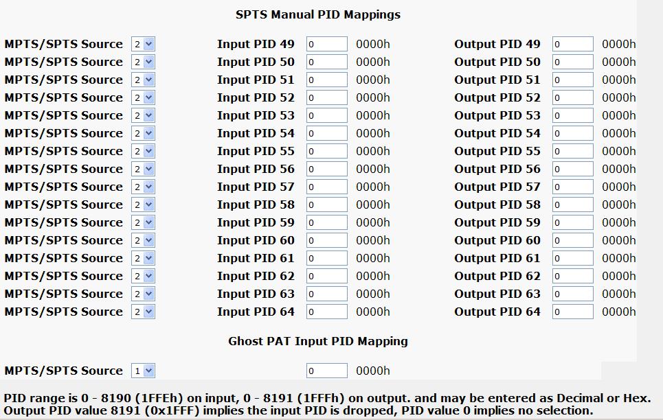 PIDs that are not referenced within the Input MPTS PSI can be passed through (and remapped if desired) by adding the PID value to the Input PID field.