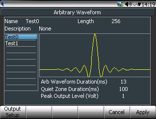 Select the waveform from the list on the left and use the Arrow Buttons to move the cursor to the quiet zone, duration and peak output level settings on the right.