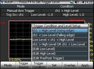 The Trigger Condition and Level Setup define the conditions that will trigger the acquisition. You can also edit the high and low level and the trigger delay.