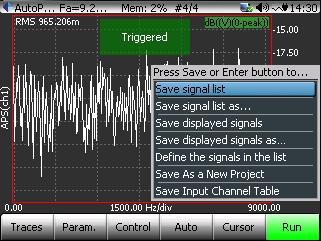 Save Averaged Data Data can be saved at any time by pressing the Save Hardware Button. This opens a menu with several options. Press the Save Button again to save the signals in the save list.