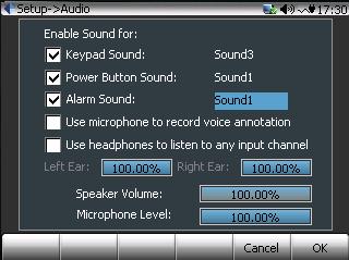 Figure 146. Audio Setup Screen Keypad Sound: Enable and select the internal speaker sound output when any of the buttons are pressed.