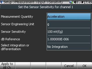 Figure 91: Input Channel & Sensor Setup, adjusting sensitivity in CoCo When the Physical Quantity is set to Acceleration, a built-in integration or doubleintegration module can be applied to generate