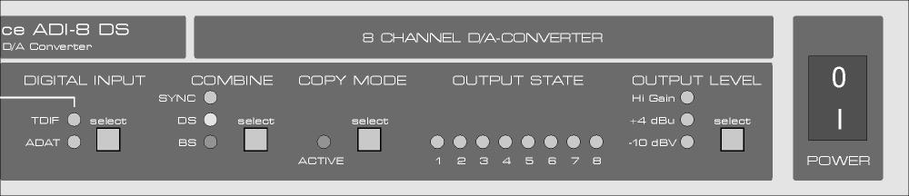 1 or 48 khz DA-Converter Digital Input TDIF or ADAT AUX Sync Double Speed Bit Split Copy Mode Signal OK -40 dbfs Select Output Level Hi Gain, +4 dbu, -10 dbv