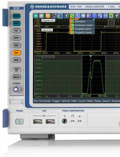 Overview of the R&S RTE oscilloscope Control elements Tools that have a similar function are grouped together Toolbar for fast access to frequently used functions Preset to return to default or