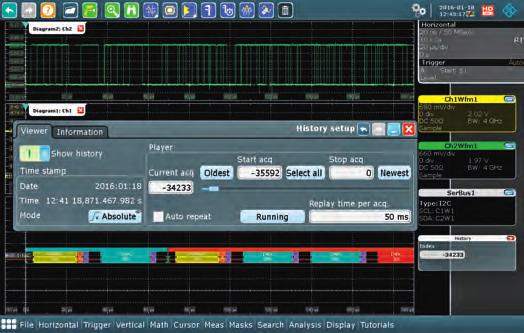Applications such as seamless acquisition of long pulse or protocol sequences often require even deeper memory. The R&S RTO oscilloscopes' acquisition memory can be extended up to 2 Gsample.