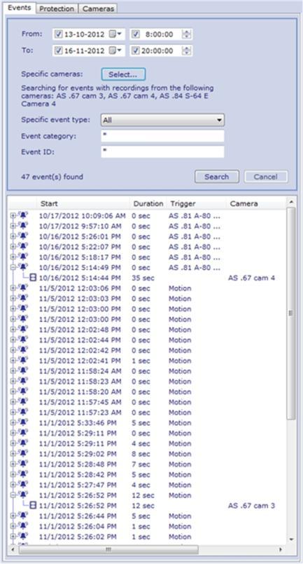 SNR Playback Viewer 4.2 Searching for Event Recordings On the Events tab, users can search for video recordings triggered by Digital I/O, Video Motion Detection (VMD), and Custom events.