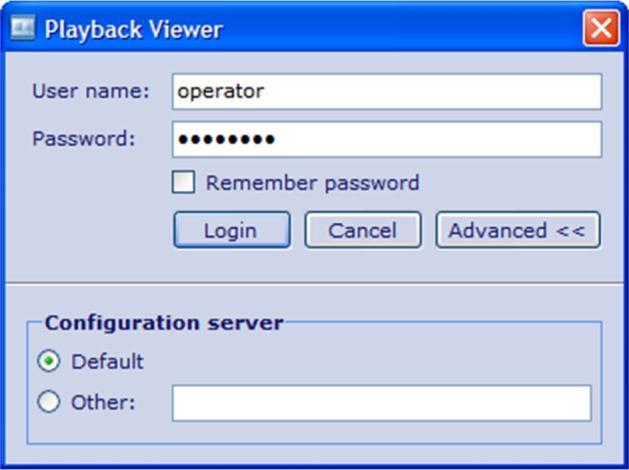SNR Playback Viewer 2.2 Logging In To work with SNR Playback Viewer, users must log on to the SNR Configuration Server service. SNR Playback Viewer login box (Advanced button pressed) To log in 1.
