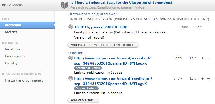 For Scopus items, links to DOIs and citation metrics are available Detail of a Scopus publication record metadata, partial view.