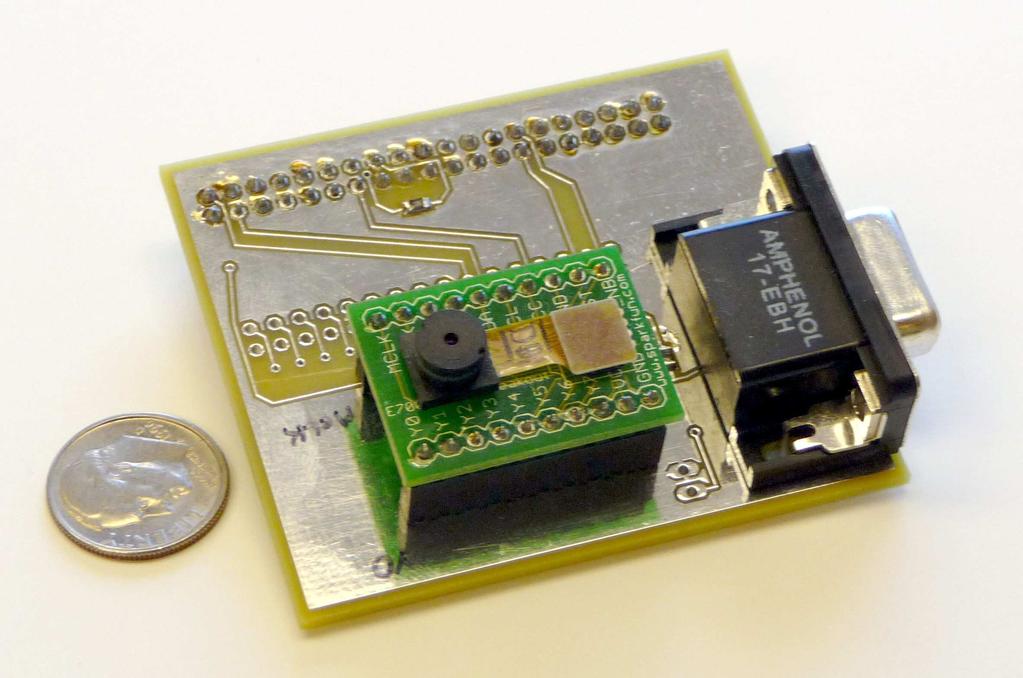 Figure 5: E700 camera mounted on adapter board used to connect it to the Spartan-3 Starter Board B1 connector. is generated using the same U and V values and so also affects two RGB output pixels.