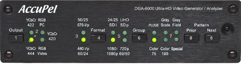 Front Panel Controls LED Indicators Each time power is applied to the DGA-6000 the PLUGE, Gray Scale, and Gray Field LEDs will illuminate in sequence for about 15 seconds as the Generator and
