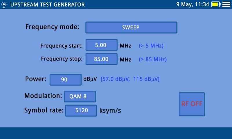 Screen description Figure 18. Parameters to set UPSTREAM signal Frequency mode: Select between Sweep or Fix. Frequency start: Select start frequency (only for Sweep mode).