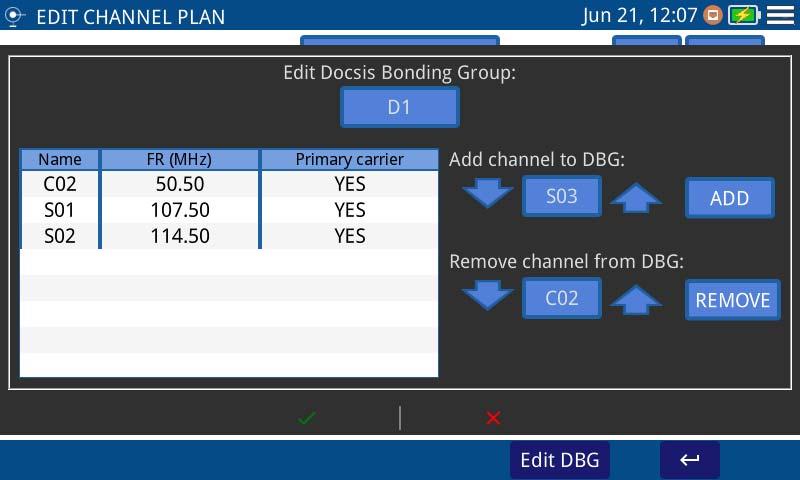EDIT DOCSIS BONDING GROUP Screen Description Figure 22. Edit Docsis Bonding Group: Press on the box to select DBG to edit.