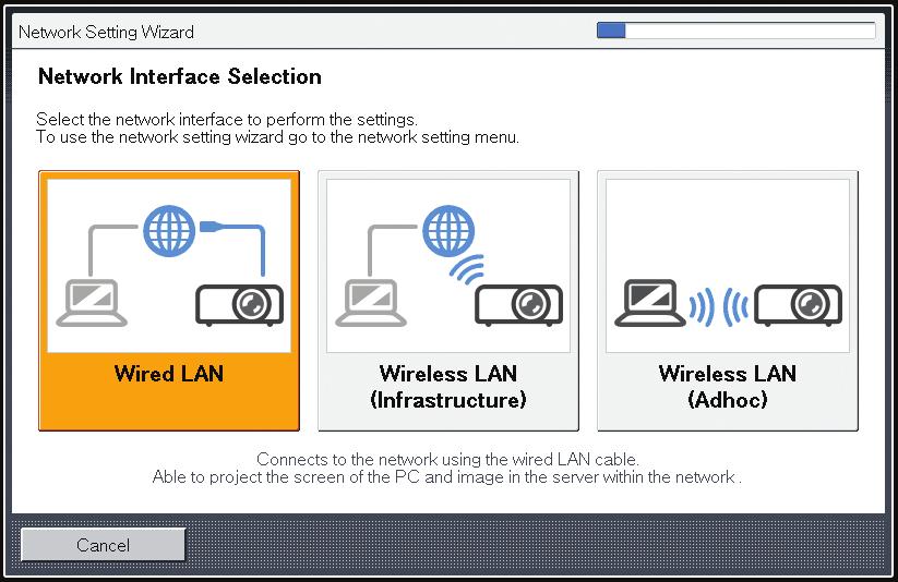 5. Using the Projector via a Network 1. Select [Wired LAN] on Network Setting Wizard, and then press the [Enter] button. 2.