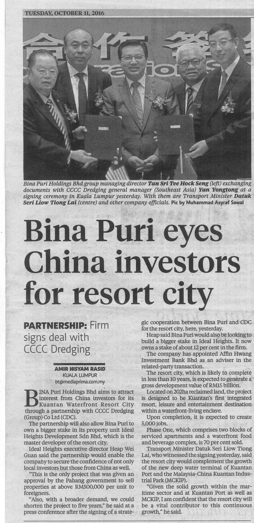 Newspaper : New Straits Times Title : Bina Puri eyes China