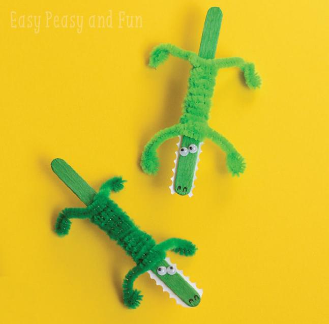 art - popsicle stick crocodile MATERIALS Popsicle sticks Green paint and paint brushes Green pipe cleaners (2 per student) Black marker Glue Wiggly eyes (small) Teacher-Prep: Teeth - Precut