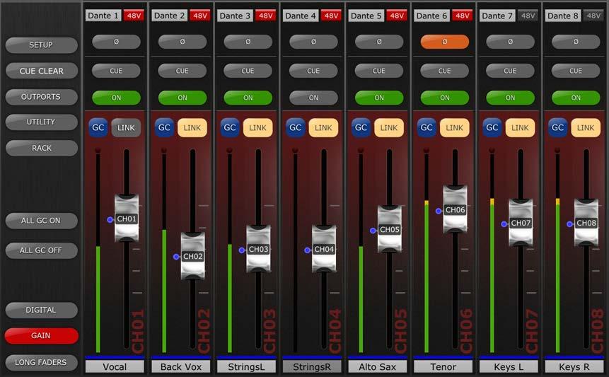 4.10 GAIN The gain for each input channel can be controlled using the faders in StageMix. Press the [GAIN] button in the lower left area of the Mixer window to enter GAIN mode.