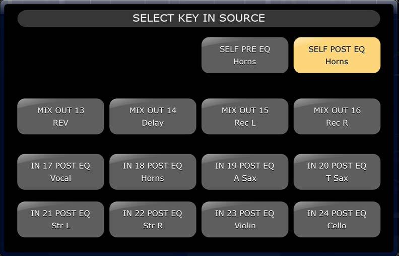[CUE]: Tap this button to Cue the Key In signal [HPF]/[BPF]/[LPF]: Select the Key In Filter type among these