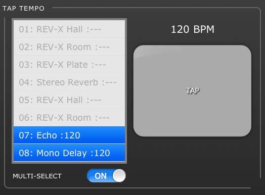 7.2 TAP TEMPO The Tap Tempo section in the UTILITY mode allows you to tap BPM values into effects in the console that include BPM parameters.