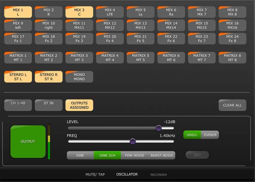 7.3 OSCILLATOR The OSCILLATOR screen in the UTILITY mode allows you to control all aspects of the Oscillator in the CL series console. 7.3.1 Oscillator Assign In the top part of the screen, an array of buttons allows you to assign the Oscillator output to any channel or bus in the console.