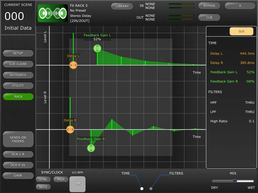 8.4.9 MONO/STEREO/MOD DELAY Parameters Tap the [TIME/LEVEL] tab to access the following parameters: Delay Feedback Gain Tap the [FILTERS] tab to access the following parameters: HPF LPF High Ratio