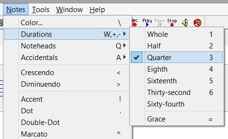 Using Notes Menu Go to Notes: Durations, select duration (all with the mouse) Or, press Alt+N (Notes menu), press D (get to Durations), press Q (select