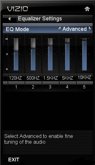 Equalizer Settings To select the options in the Equalizer sub-menu, press OK. A new menu will be displayed showing the volumes of different frequencies.