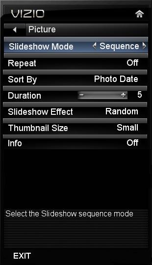 Media Menu When viewing pictures you can adjust various settings, including slideshow, picture duration, etc. 1.