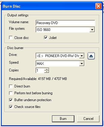 5 Recovery Create a recovery DVD Step 15 Select the following in the Burn Disc window: Volume Name: type Recovery DVD Leave all other selections in their default positions. Notes 16 Click Burn.