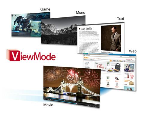 ViewSonic s unique ViewMode feature offers "Game," "Movie," "Web," "Text," and "Mono" presets.