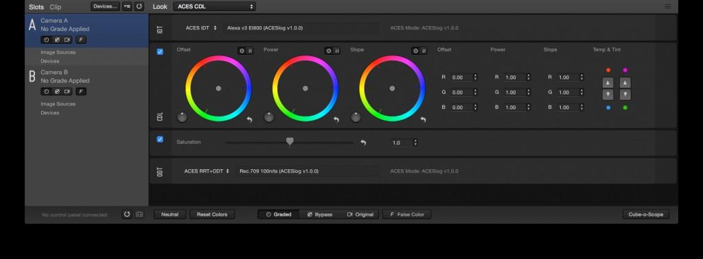 The color controls for the grading mode Alexa Looks consist of: RGB Printer Lights applied in Log-C A Saturation scale Editable Tone Mapping curve from Log-C to Rec.