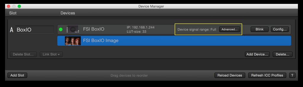 HD-SDI Device Management LiveGrade allows to control the SDI signal range through the device manager.