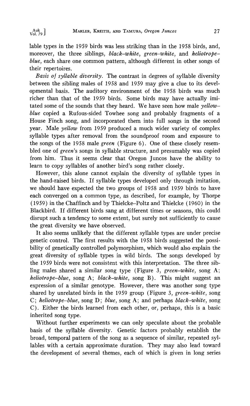 Auk ] MARLER, KRIglTtt, AIq'D TAlVrURA, Oregon Juncos 27 Vol.
