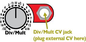 Turn the red Div/Mult knob and listen to the different divisions and multiples of the clock.