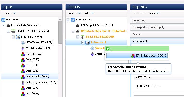 Getting Started 3. Select DVB subtitle component from IP input, and drag onto encode service, selecting pass-thru. Figure 3.