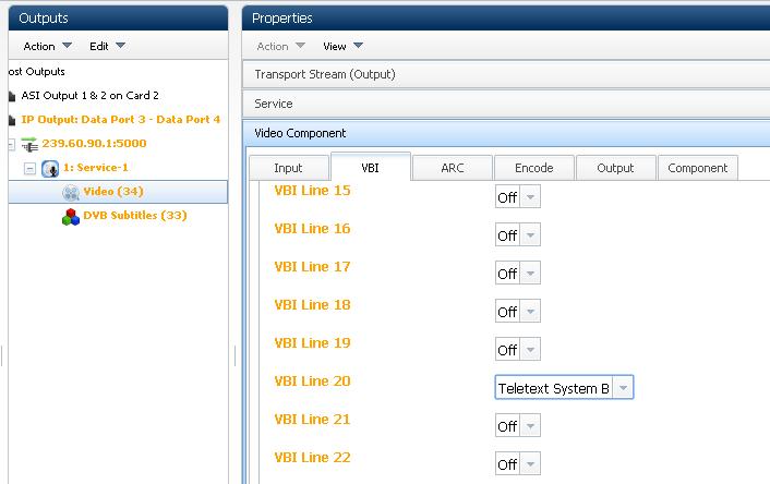 Getting Started Figure 3.43 VBI Line Data Content Selection 6. In the Outputs widgets, select the DVB Subtitles component.